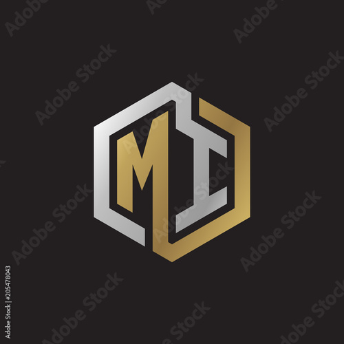 Initial letter MI, looping line, hexagon shape logo, silver gold color on black background