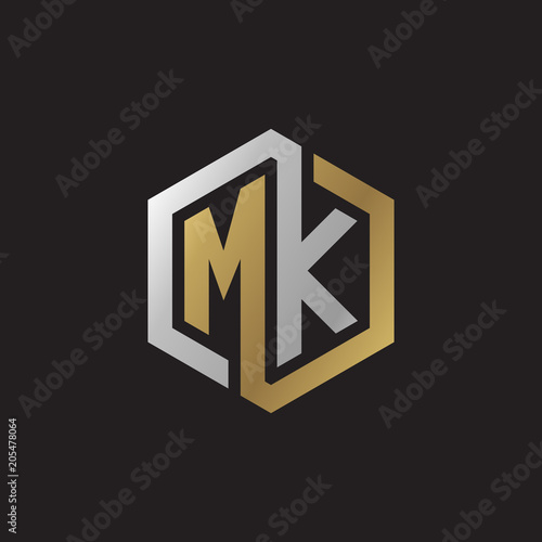 Tableau sur toile Initial letter MK, looping line, hexagon shape logo, silver gold color on black