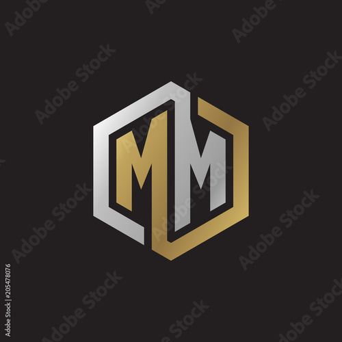 Initial letter MM, looping line, hexagon shape logo, silver gold color on black background photo