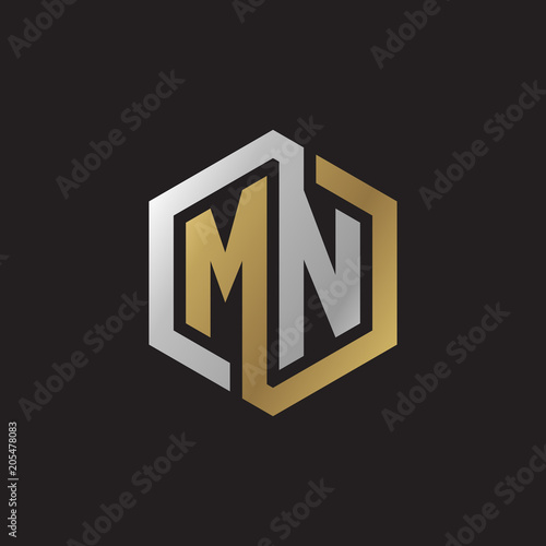 Initial letter MN, looping line, hexagon shape logo, silver gold color on black background
