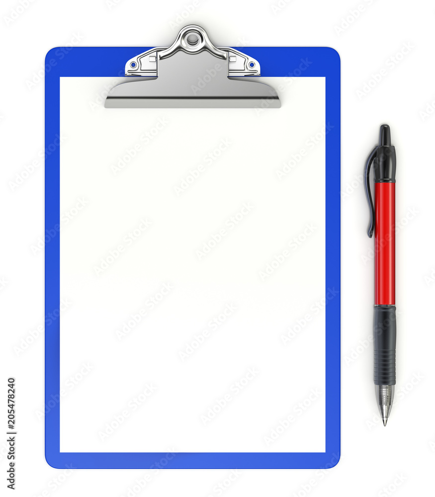 Clipboard with ball pen on white background Clipboard with ball pen on white background