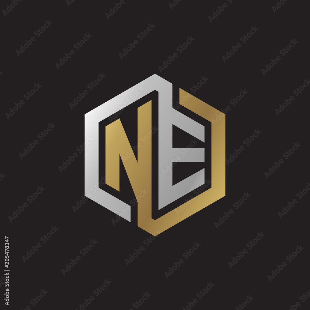Initial letter NE, looping line, hexagon shape logo, silver gold color on black background Initial letter NE, looping line, hexagon shape logo, silver gold color on black background