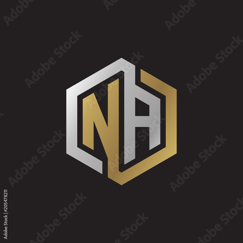Initial letter NA, looping line, hexagon shape logo, silver gold color on black background