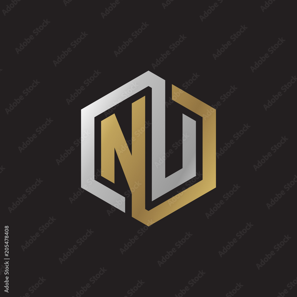 Initial letter NU, looping line, hexagon shape logo, silver gold color on black background Initial letter NU, looping line, hexagon shape logo, silver gold color on black background