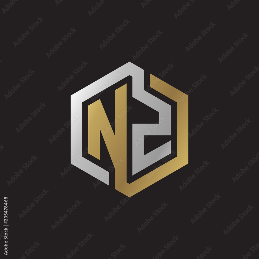 Initial letter NZ, looping line, hexagon shape logo, silver gold color on black background Initial letter NZ, looping line, hexagon shape logo, silver gold color on black background