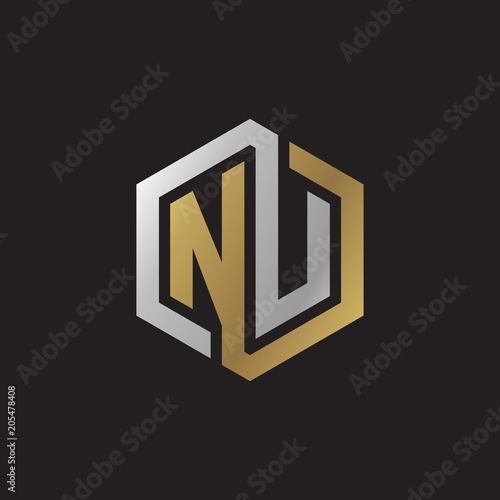 Initial letter NU, looping line, hexagon shape logo, silver gold color on black background