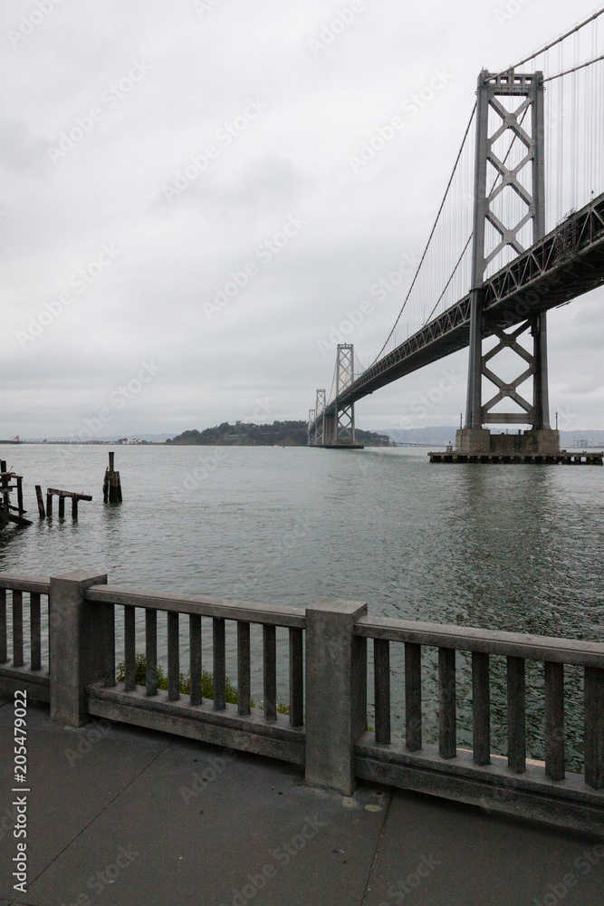 View of Oakland Bay Bridge in the fog in San Francisco