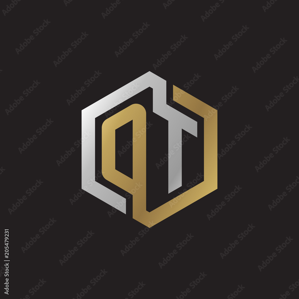 Initial letter OT, looping line, hexagon shape logo, silver gold color on black background Initial letter OT, looping line, hexagon shape logo, silver gold color on black background