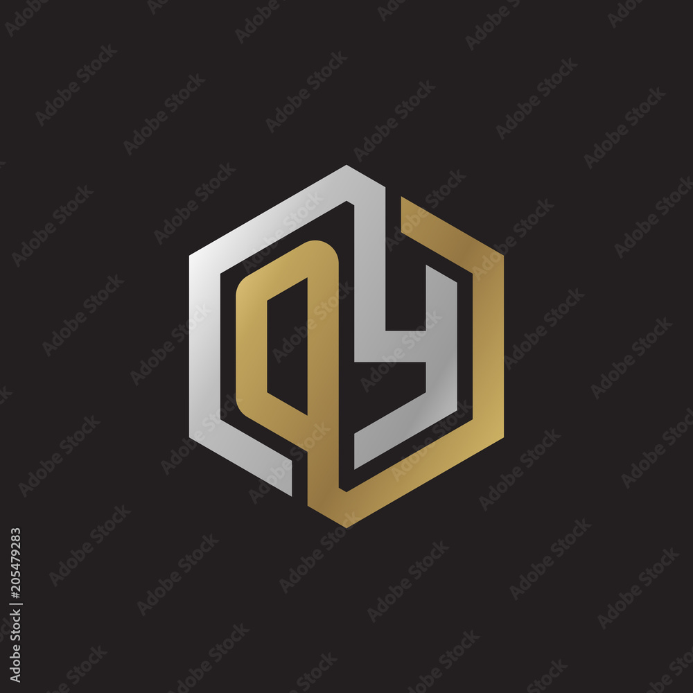 Initial letter OY, looping line, hexagon shape logo, silver gold color on black background