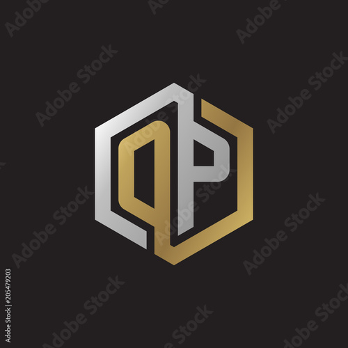 Initial letter OP, looping line, hexagon shape logo, silver gold color on black background