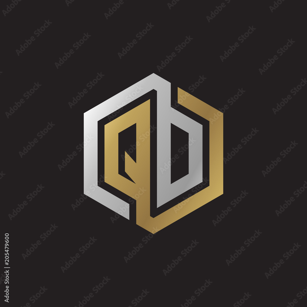 Initial letter QD, QO, looping line, hexagon shape logo, silver gold color on black background Initial letter QD, QO, looping line, hexagon shape logo, silver gold color on black background