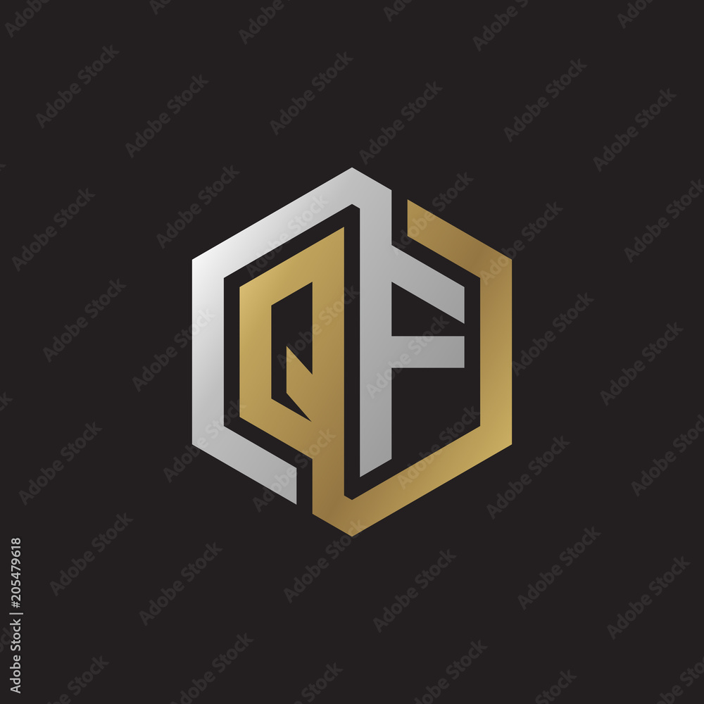 Initial letter QF, looping line, hexagon shape logo, silver gold color on black background Initial letter QF, looping line, hexagon shape logo, silver gold color on black background