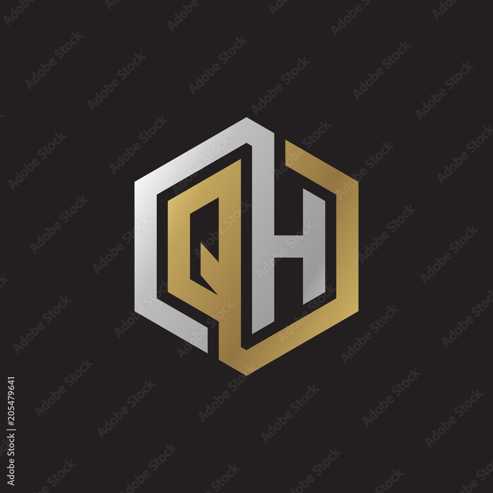 Initial letter QH, looping line, hexagon shape logo, silver gold color on black background Initial letter QH, looping line, hexagon shape logo, silver gold color on black background
