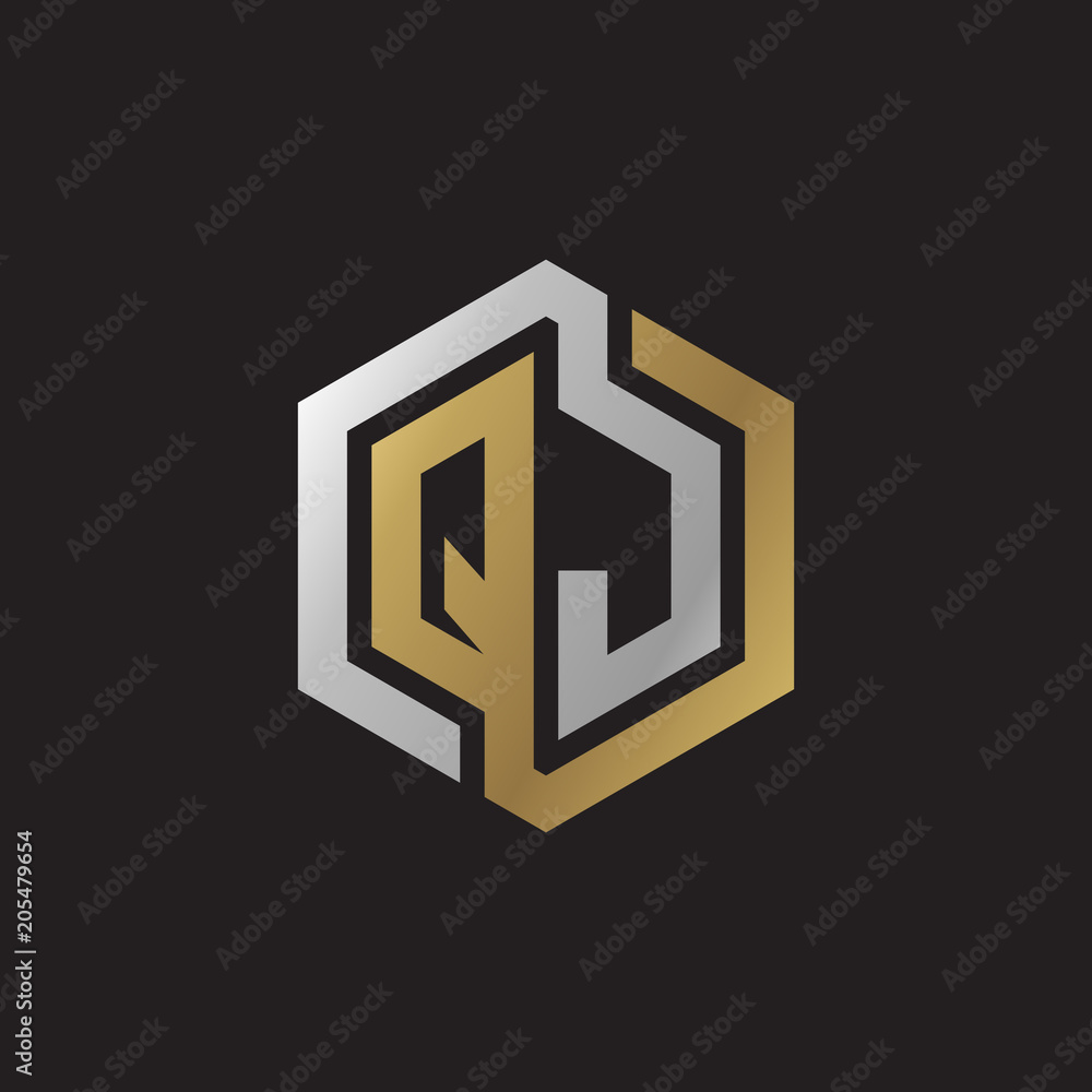Initial letter QJ, looping line, hexagon shape logo, silver gold color on black background Initial letter QJ, looping line, hexagon shape logo, silver gold color on black background