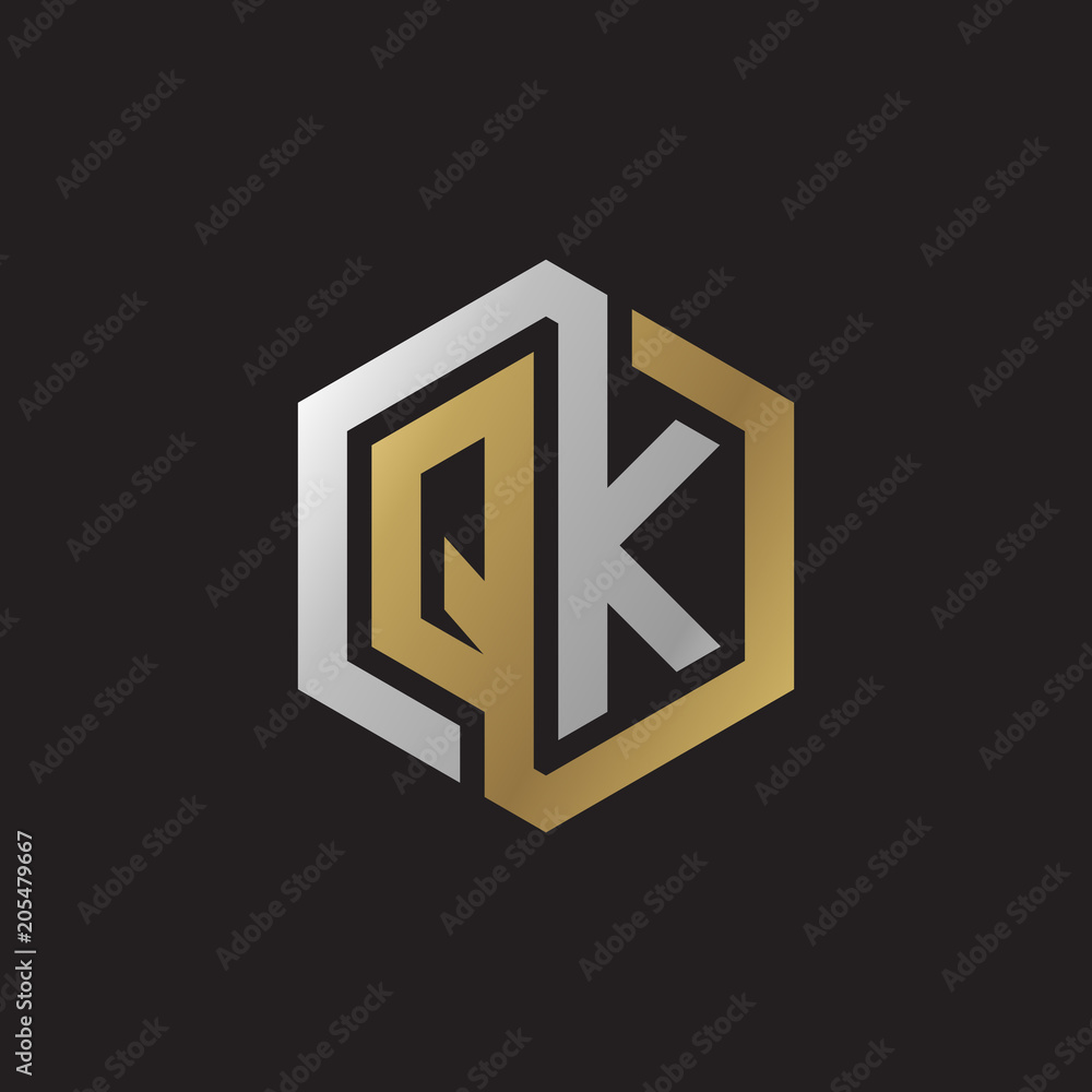 Initial letter QK, looping line, hexagon shape logo, silver gold color on black background Initial letter QK, looping line, hexagon shape logo, silver gold color on black background