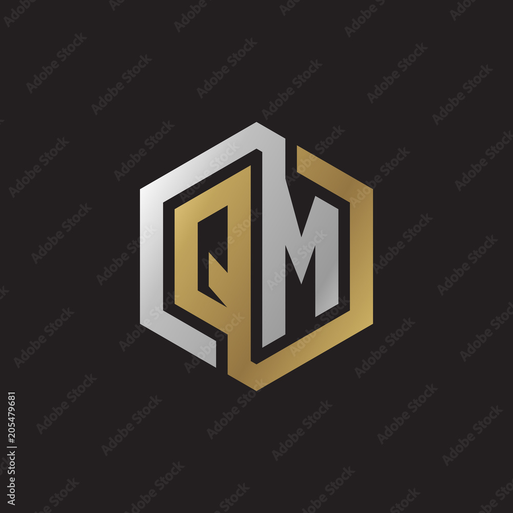 Initial letter QM, looping line, hexagon shape logo, silver gold color on black background Initial letter QM, looping line, hexagon shape logo, silver gold color on black background