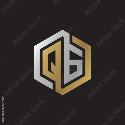 Initial letter QG, looping line, hexagon shape logo, silver gold color on black background