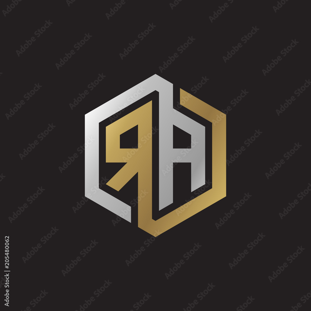 Initial letter RA, looping line, hexagon shape logo, silver gold color on black background Initial letter RA, looping line, hexagon shape logo, silver gold color on black background