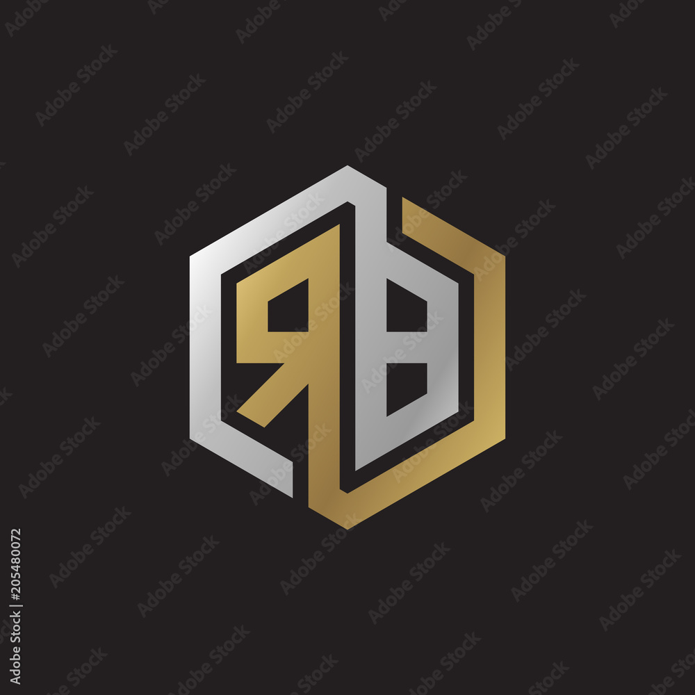 Initial letter RB, looping line, hexagon shape logo, silver gold color on black background Initial letter RB, looping line, hexagon shape logo, silver gold color on black background