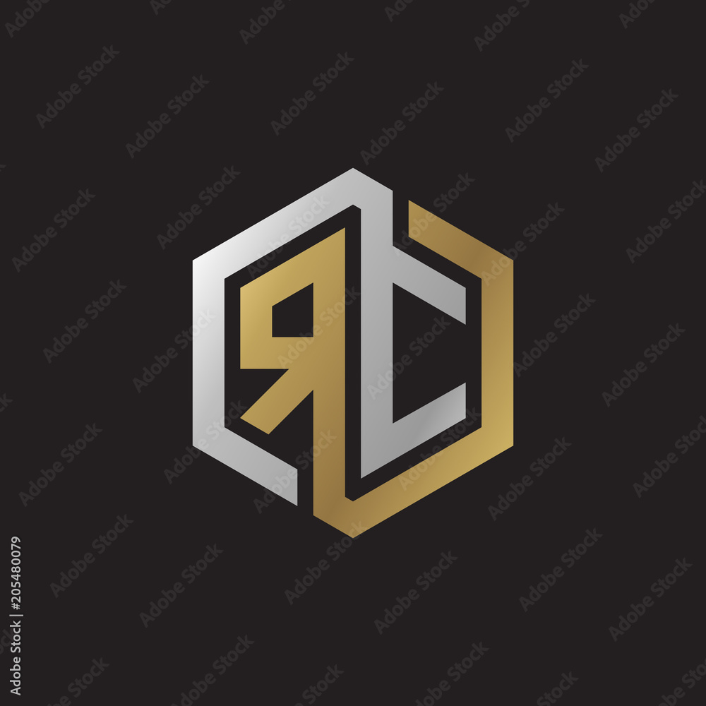 Initial letter RC, looping line, hexagon shape logo, silver gold color on black background Initial letter RC, looping line, hexagon shape logo, silver gold color on black background
