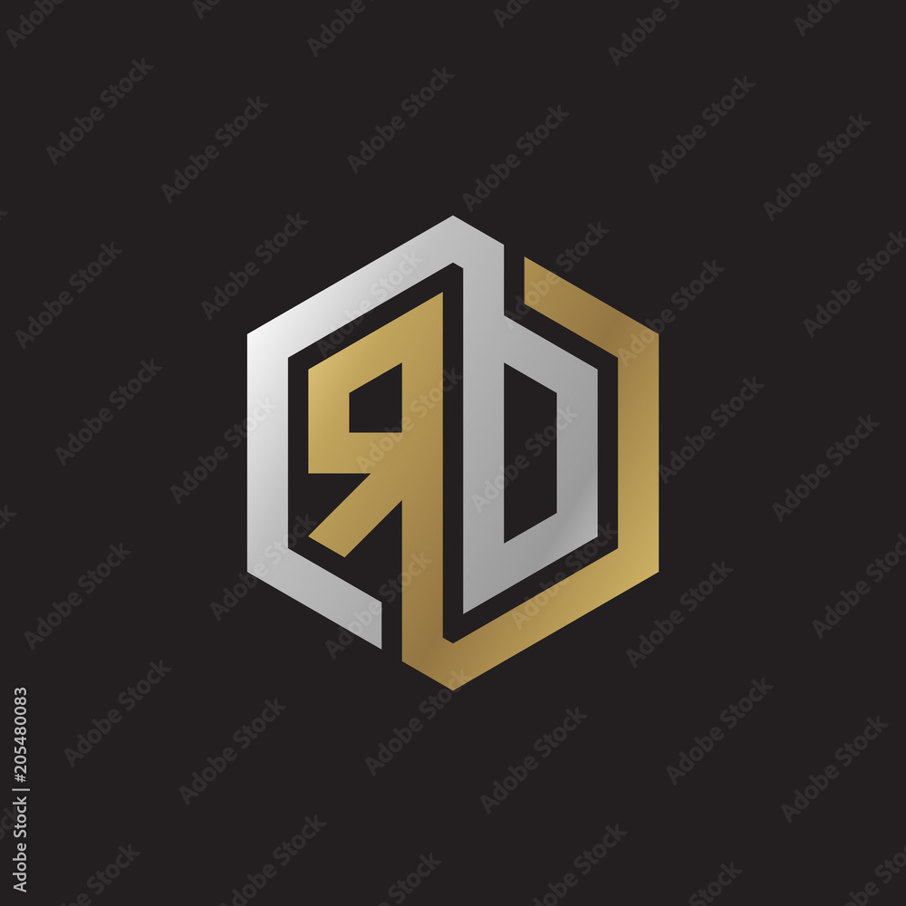 Initial letter RD, RO, looping line, hexagon shape logo, silver gold color on black background