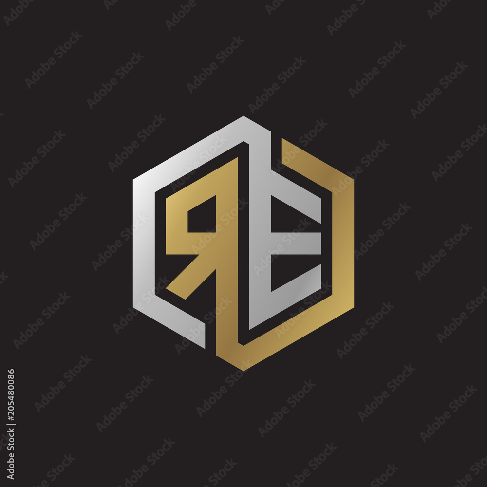 Initial letter RE, looping line, hexagon shape logo, silver gold color on black background Initial letter RE, looping line, hexagon shape logo, silver gold color on black background