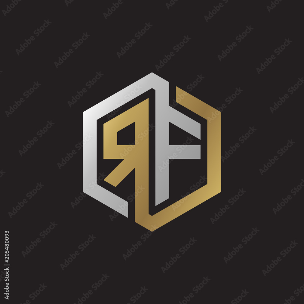 Initial letter RF, looping line, hexagon shape logo, silver gold color on black background Initial letter RF, looping line, hexagon shape logo, silver gold color on black background