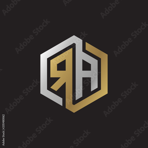 Initial letter RA, looping line, hexagon shape logo, silver gold color on black background