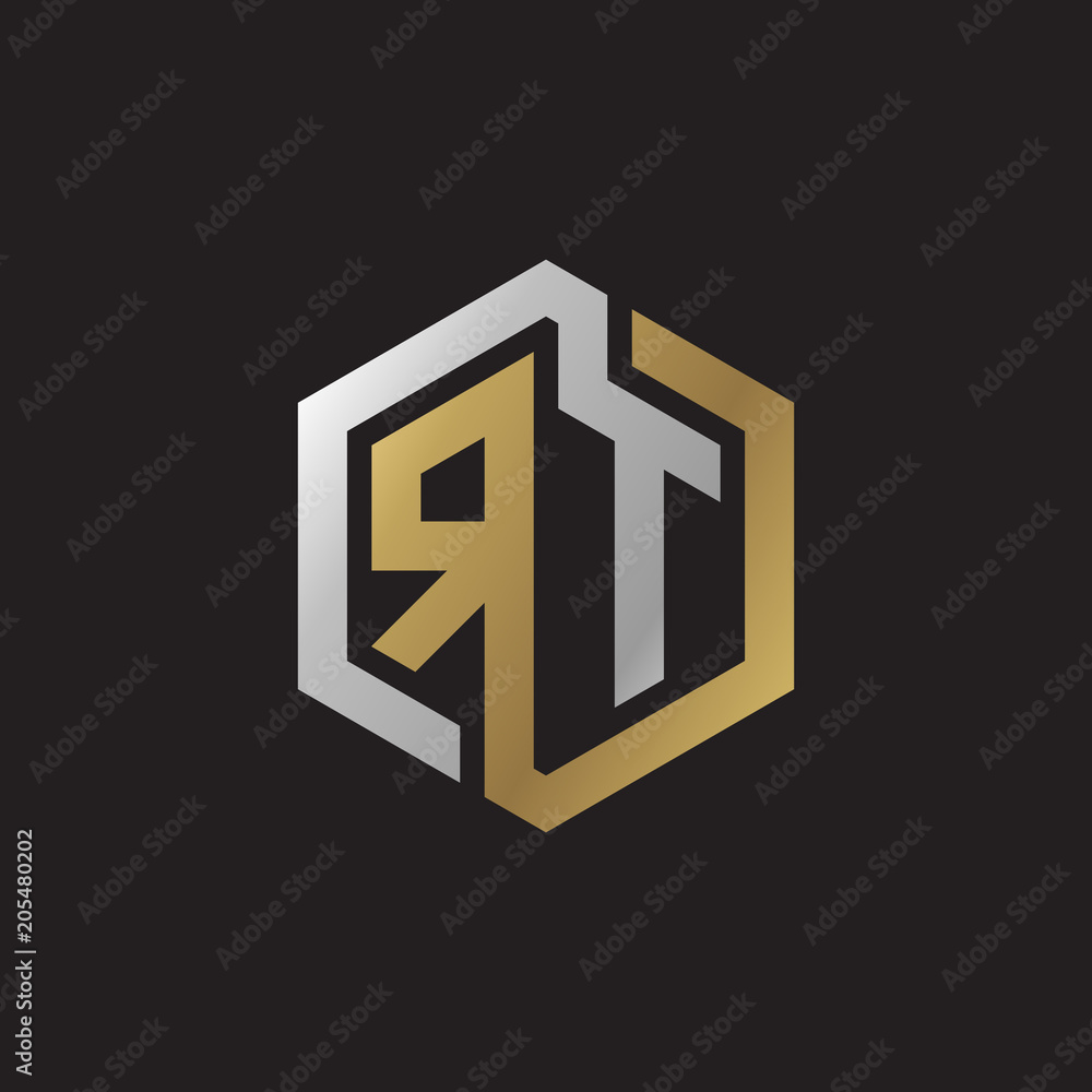 Initial letter RT, looping line, hexagon shape logo, silver gold color on black background Initial letter RT, looping line, hexagon shape logo, silver gold color on black background