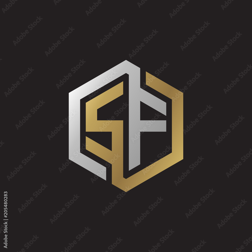 Initial letter SF, looping line, hexagon shape logo, silver gold color on black background Initial letter SF, looping line, hexagon shape logo, silver gold color on black background