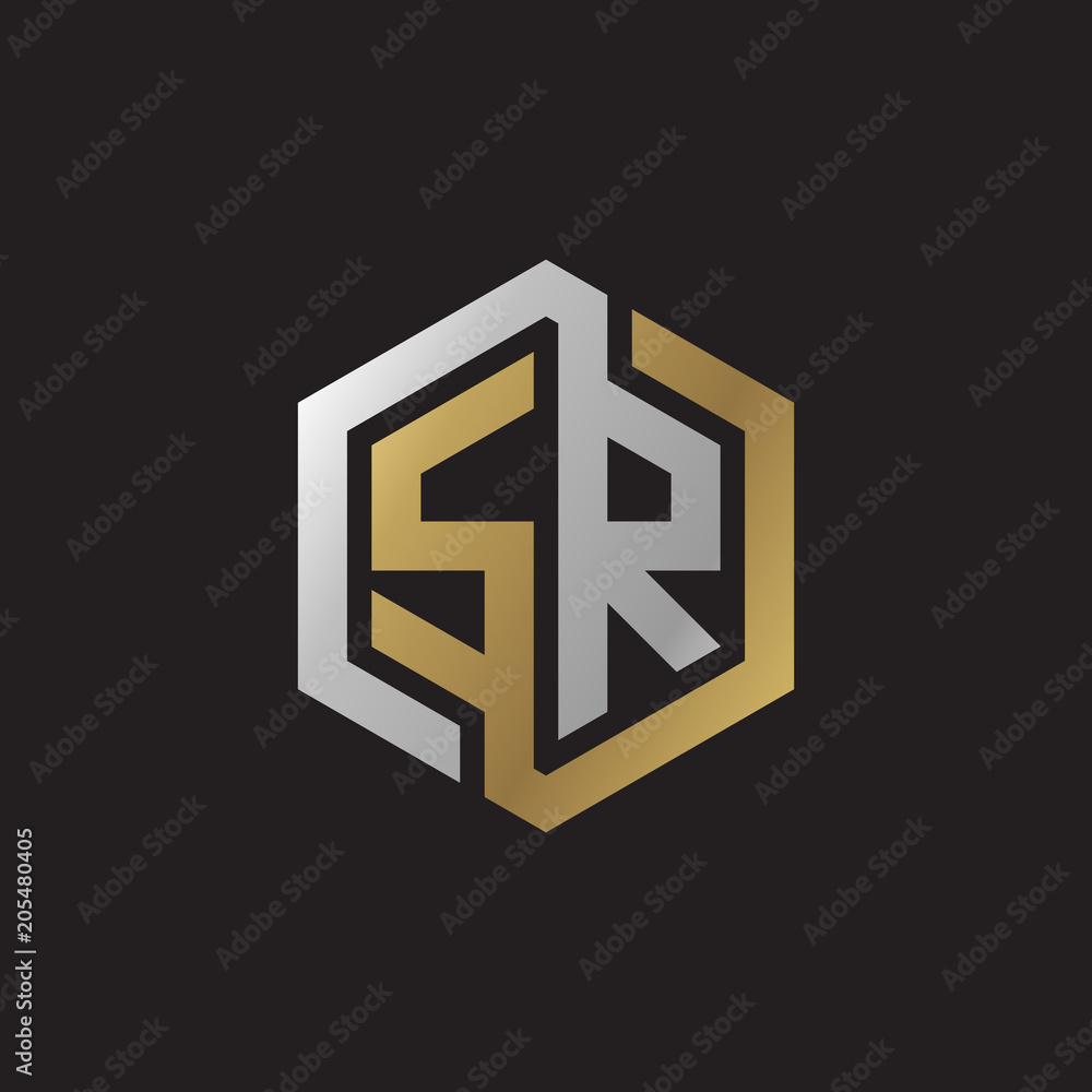 Initial letter SR, looping line, hexagon shape logo, silver gold color on black background Initial letter SR, looping line, hexagon shape logo, silver gold color on black background