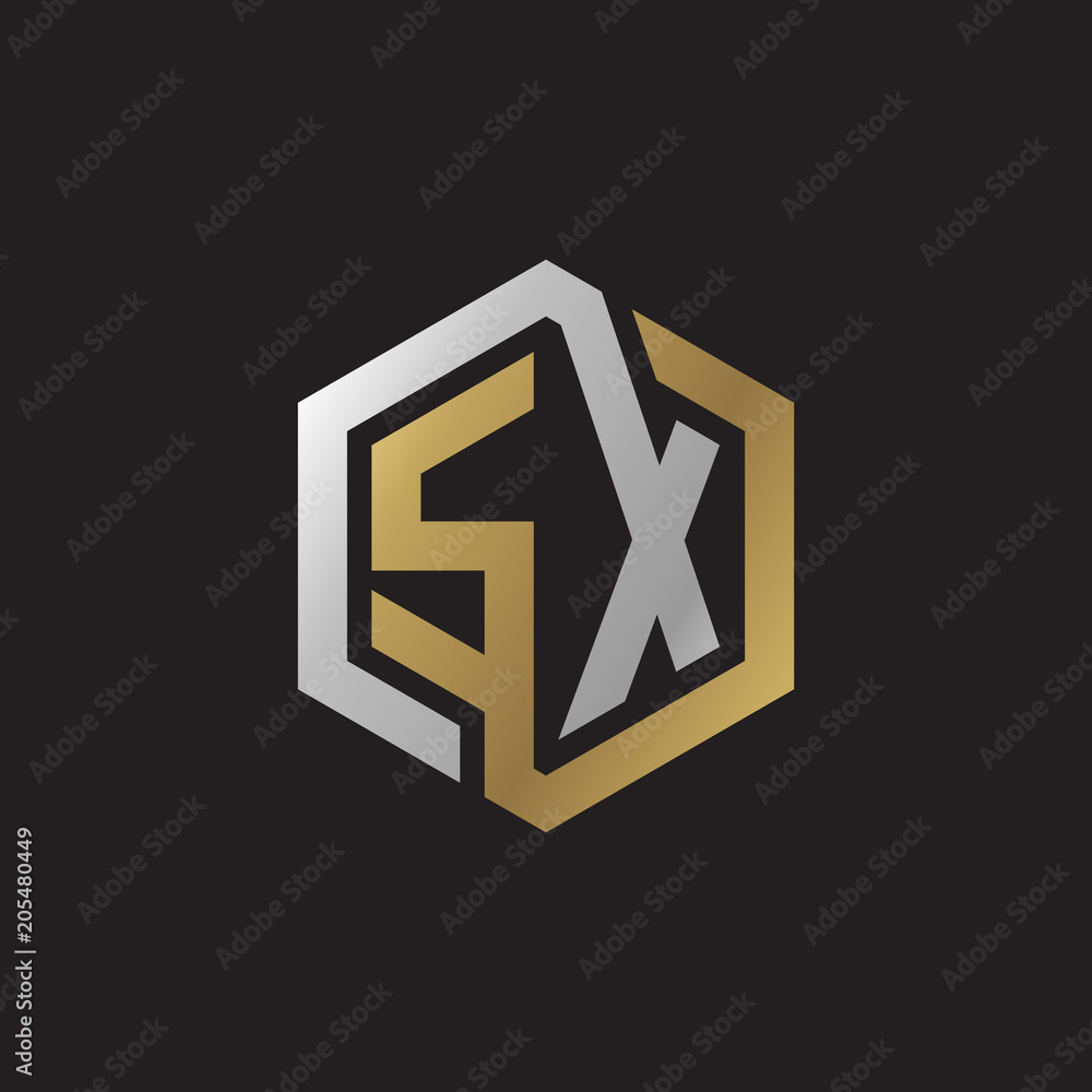 Initial letter SX, looping line, hexagon shape logo, silver gold color on black background Initial letter SX, looping line, hexagon shape logo, silver gold color on black background
