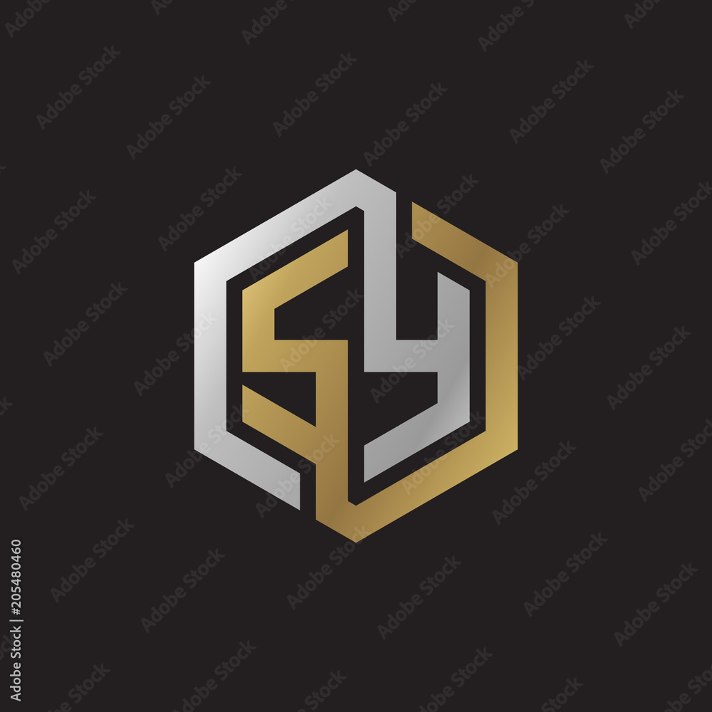 Initial letter SY, looping line, hexagon shape logo, silver gold color on black background Initial letter SY, looping line, hexagon shape logo, silver gold color on black background
