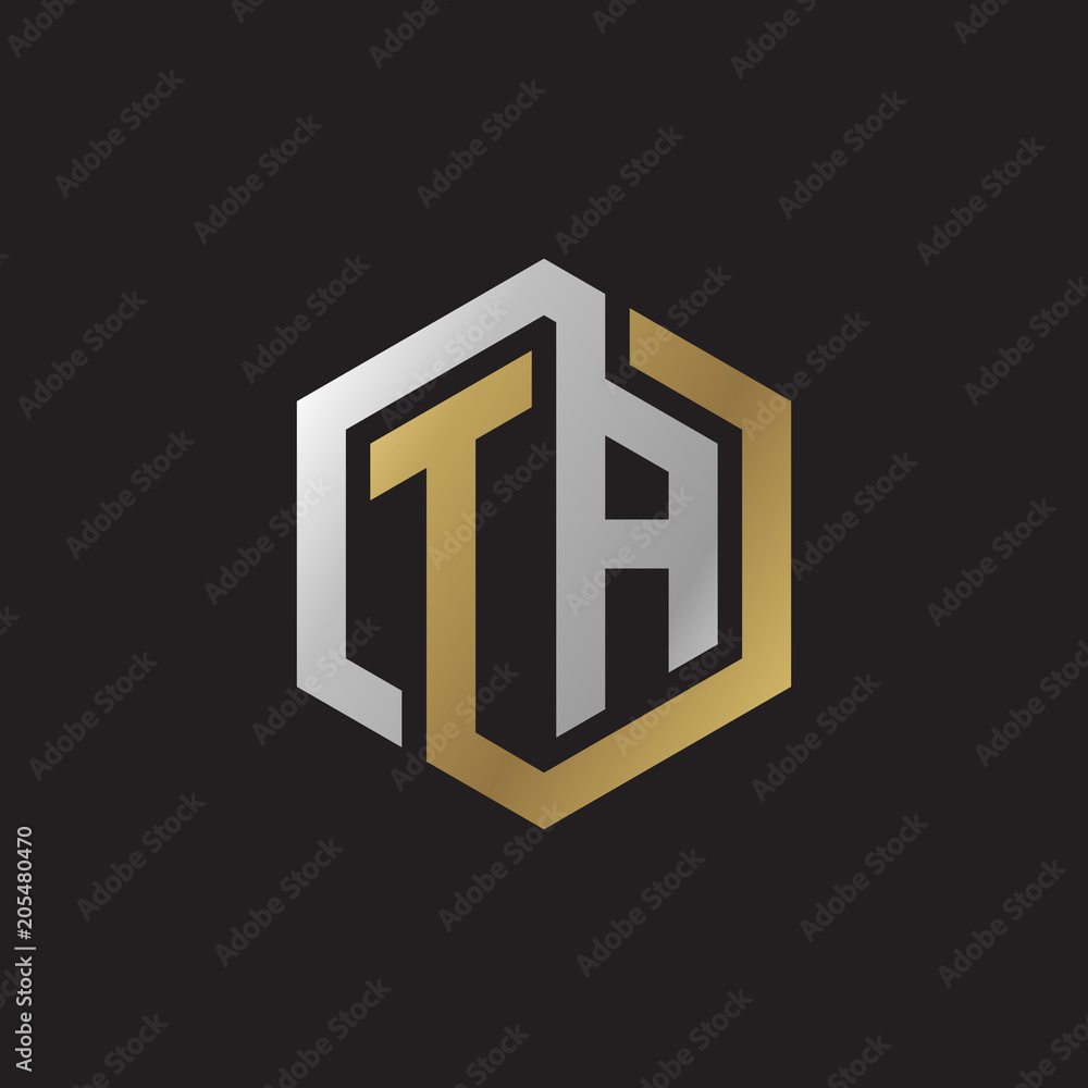 Initial letter TA, looping line, hexagon shape logo, silver gold color on black background Initial letter TA, looping line, hexagon shape logo, silver gold color on black background