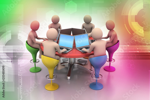 3d people around a table looking at laptops