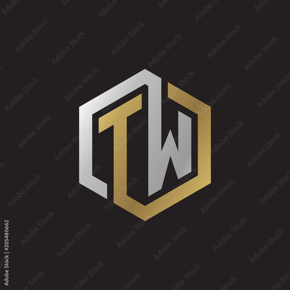 Initial letter TW, looping line, hexagon shape logo, silver gold color on black background Initial letter TW, looping line, hexagon shape logo, silver gold color on black background