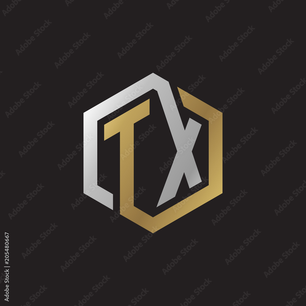 Initial letter TX, looping line, hexagon shape logo, silver gold color on black background Initial letter TX, looping line, hexagon shape logo, silver gold color on black background