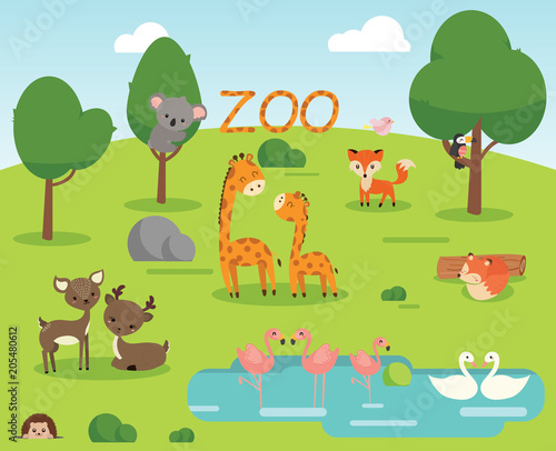 Zoo cartoon poster with giraffe, fox, bird, swan, flamingo, koala vector illustration