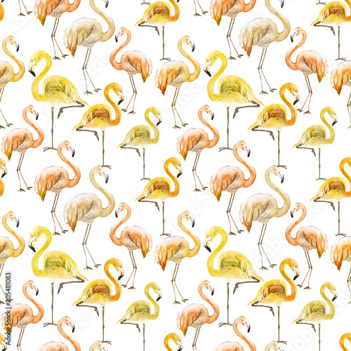 Beautiful yellow and orange flamingo on white background. Exotic seamless pattern. Watercolor painting. Hand drawn and painted illustration.
