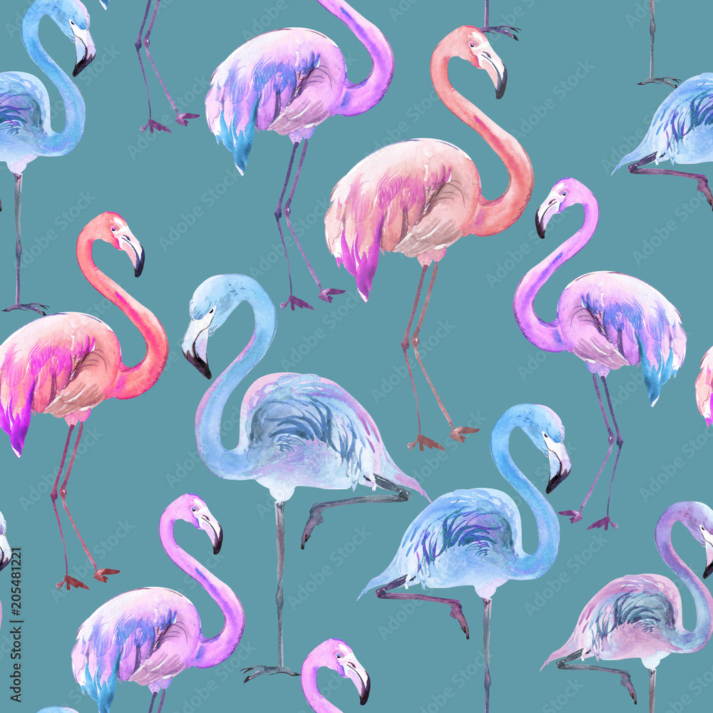 Fototapeta premium Beautiful colorful flamingo on blue background. Bright exotic seamless pattern. Watercolor painting. Hand drawn and painted illustration.