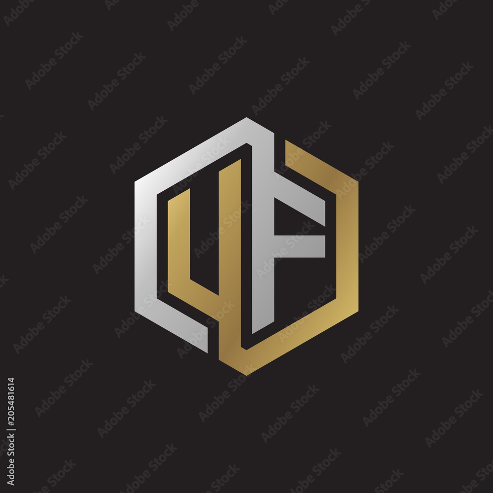 Initial letter UF, looping line, hexagon shape logo, silver gold color on black background Initial letter UF, looping line, hexagon shape logo, silver gold color on black background