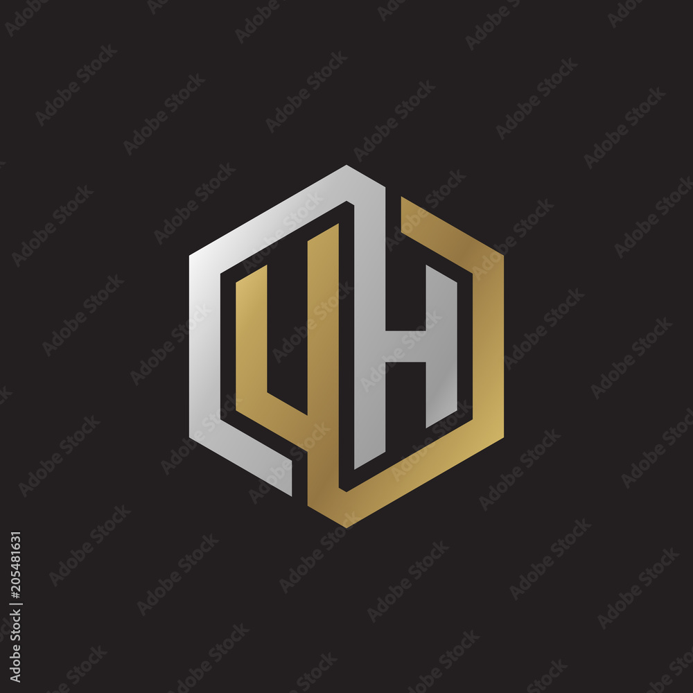 Initial letter UH, looping line, hexagon shape logo, silver gold color on black background Initial letter UH, looping line, hexagon shape logo, silver gold color on black background