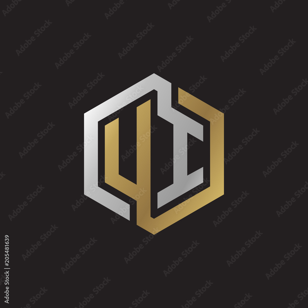 Initial letter UI, looping line, hexagon shape logo, silver gold color on black background Initial letter UI, looping line, hexagon shape logo, silver gold color on black background