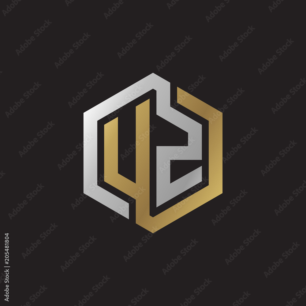Initial letter UZ, looping line, hexagon shape logo, silver gold color on black background Initial letter UZ, looping line, hexagon shape logo, silver gold color on black background