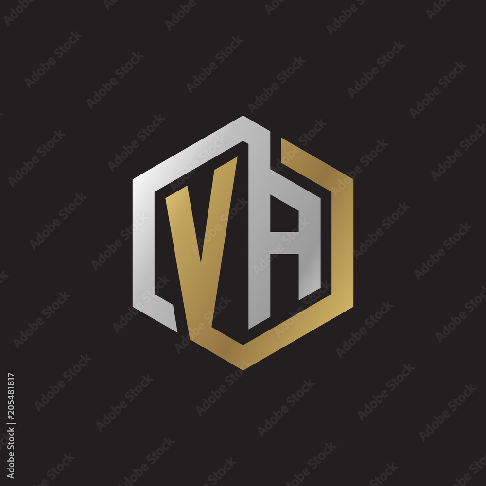 Initial letter VA, looping line, hexagon shape logo, silver gold color on black background Initial letter VA, looping line, hexagon shape logo, silver gold color on black background