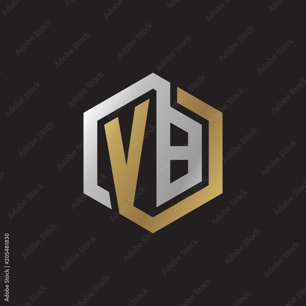 Initial letter VB, looping line, hexagon shape logo, silver gold color on black background Initial letter VB, looping line, hexagon shape logo, silver gold color on black background