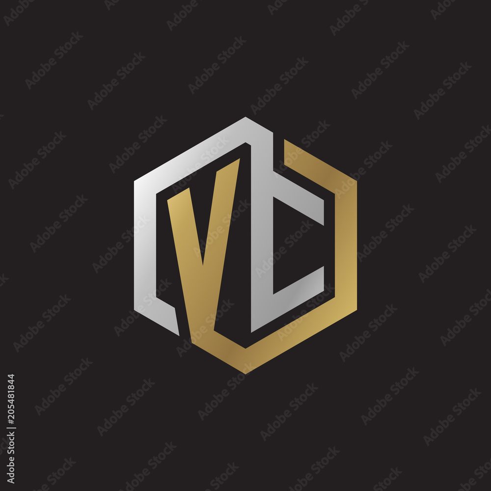 Initial letter VC, looping line, hexagon shape logo, silver gold color on black background