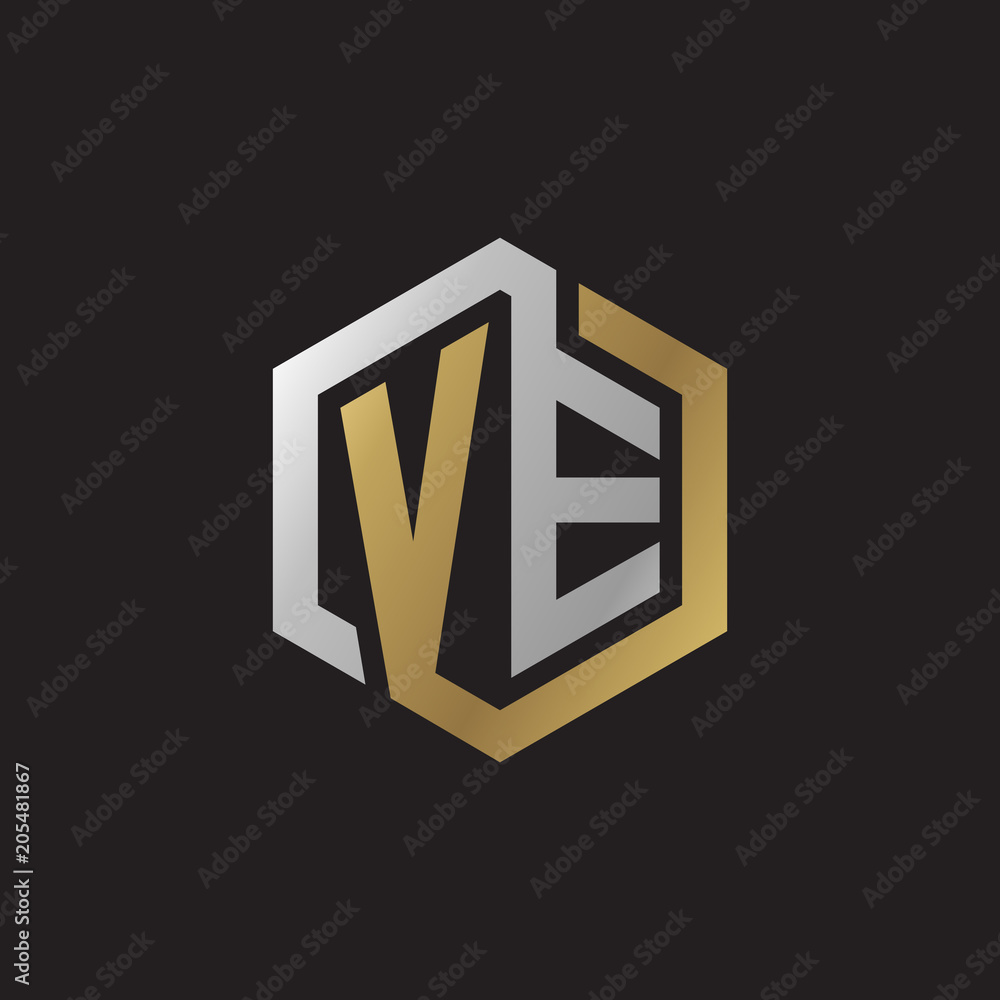 Initial letter VE, looping line, hexagon shape logo, silver gold color on black background Initial letter VE, looping line, hexagon shape logo, silver gold color on black background