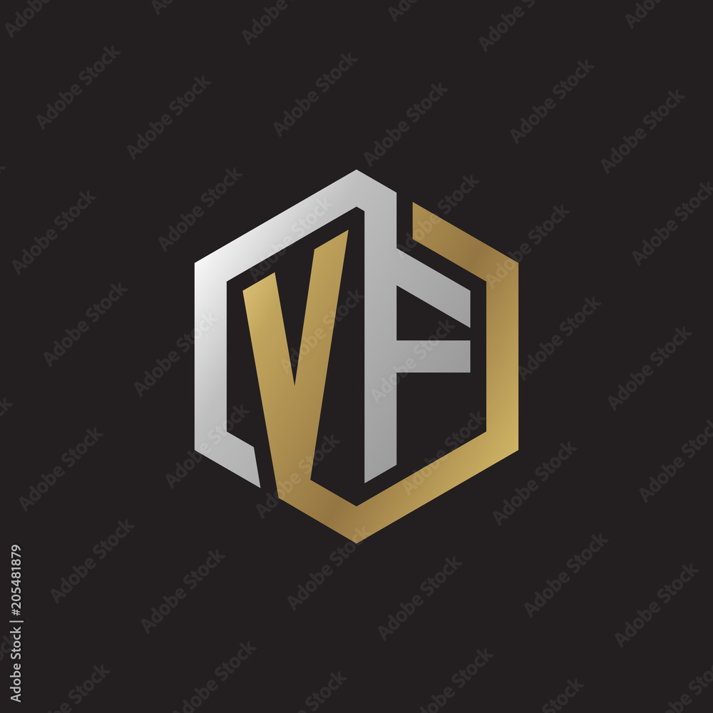 Initial letter VF, looping line, hexagon shape logo, silver gold color on black background Initial letter VF, looping line, hexagon shape logo, silver gold color on black background