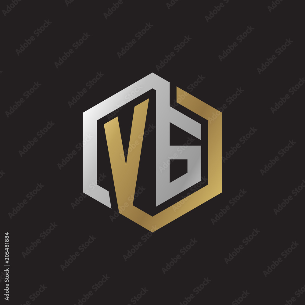 Initial letter VG, looping line, hexagon shape logo, silver gold color on black background Initial letter VG, looping line, hexagon shape logo, silver gold color on black background